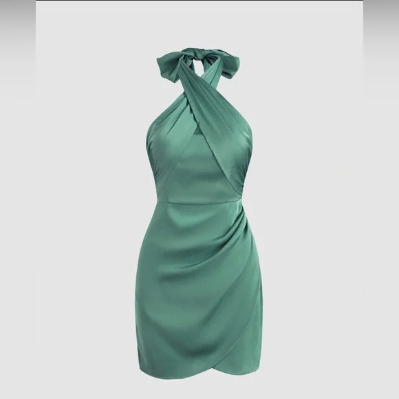 solid cross halter satin dress Cross Halter Satin Bodycon Maxi Dress Elegant Evening Gown
